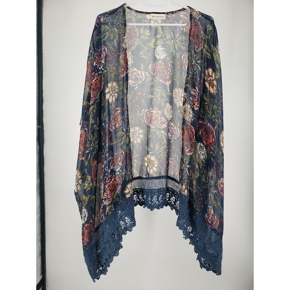 Sky And Sand Womens Kimono Overlay Shirt Floral With Blue Lace Trim